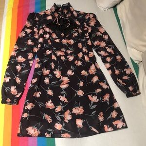 Black Floral Long sleeve Dress/ Front tie Collar